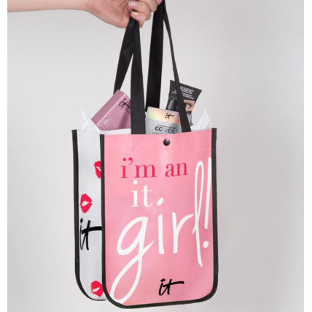 IT Cosmetics Reusable Shopping Bag Tote Sack IT Girl Pink Kisses Snap Close NWOT